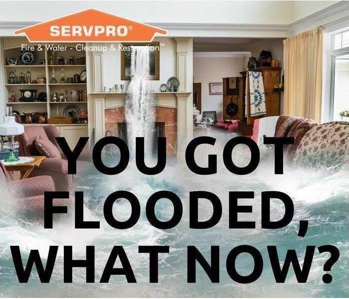 Living room with water gushing in with You got flooded, now what? caption